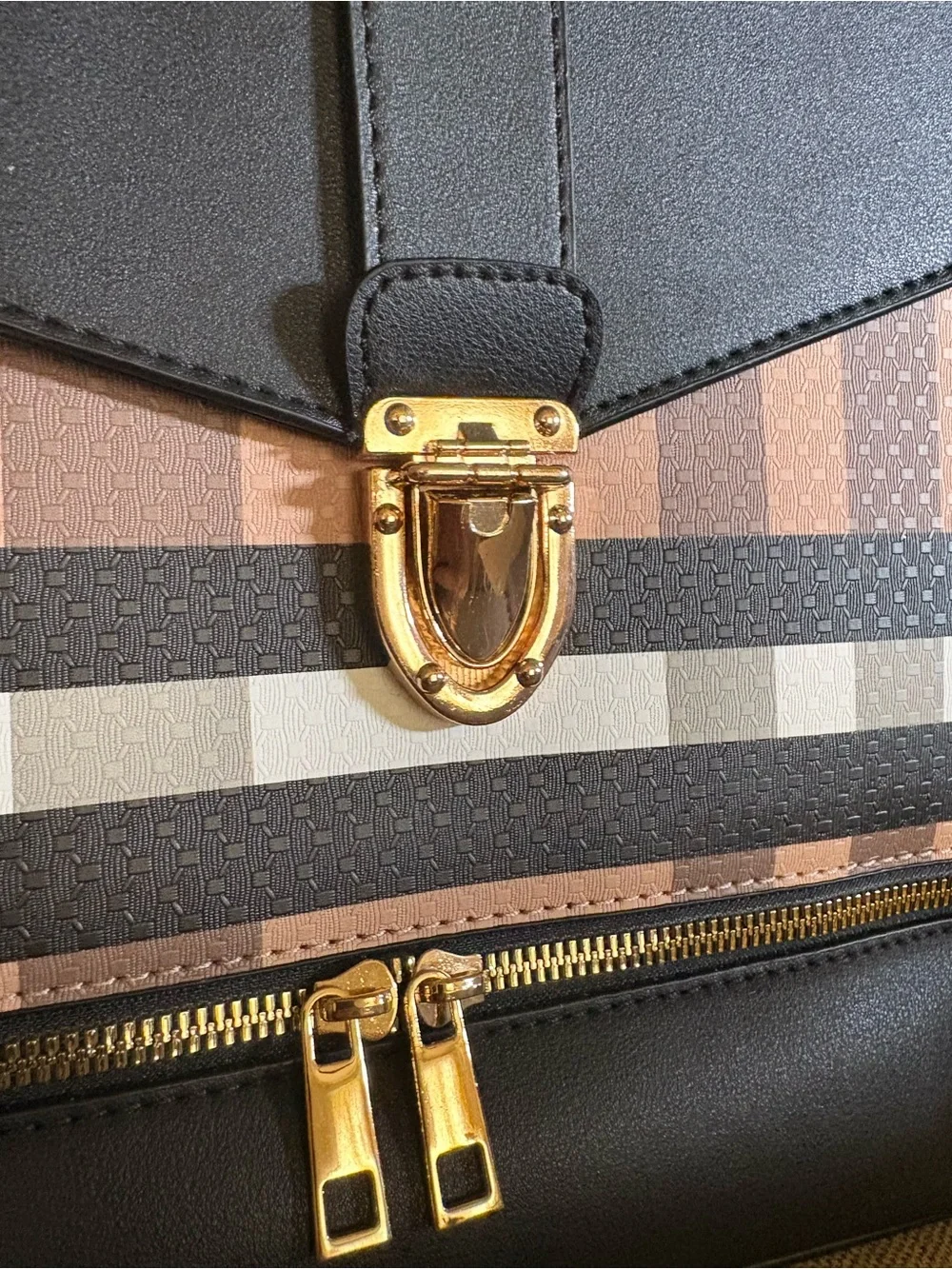 Striped Panel Handbag Backpack and Wallet Set - Black and Tan